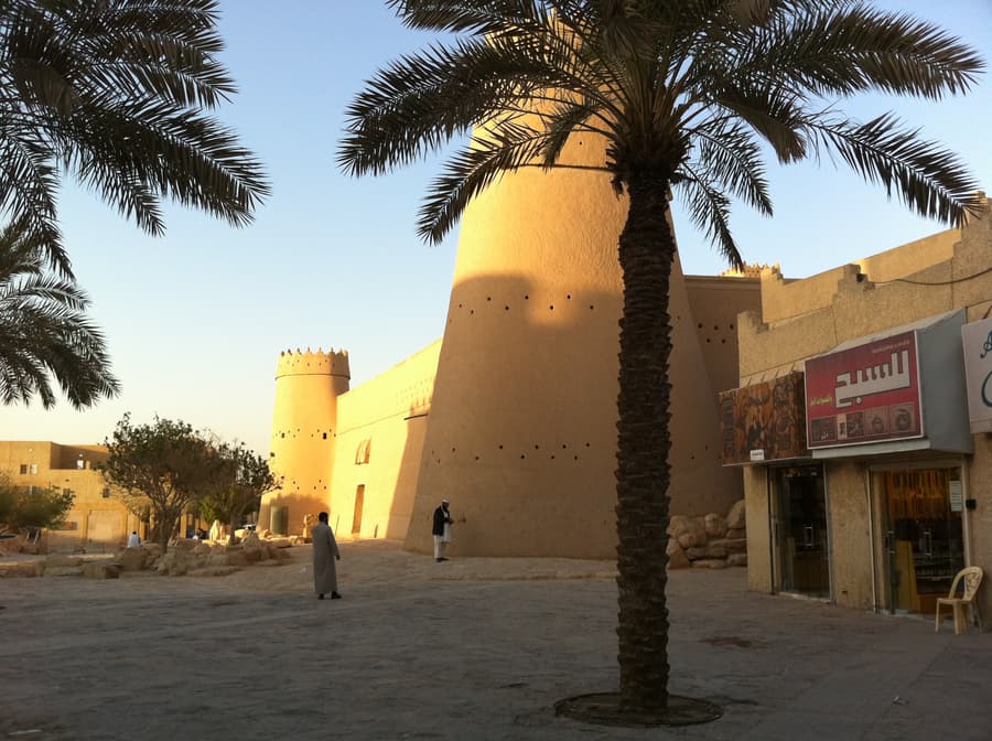 The mud-brick towers of Masmak Fortress seen from the street